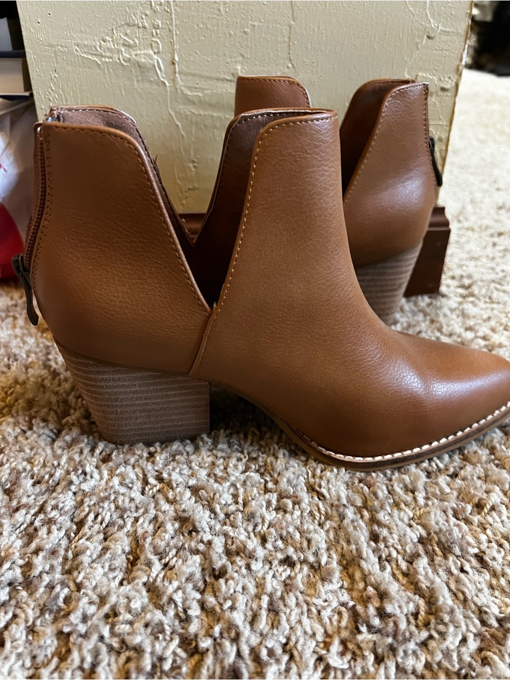 BEAST FASHION Tan Cutout Ankle Booties with Stacked Heel